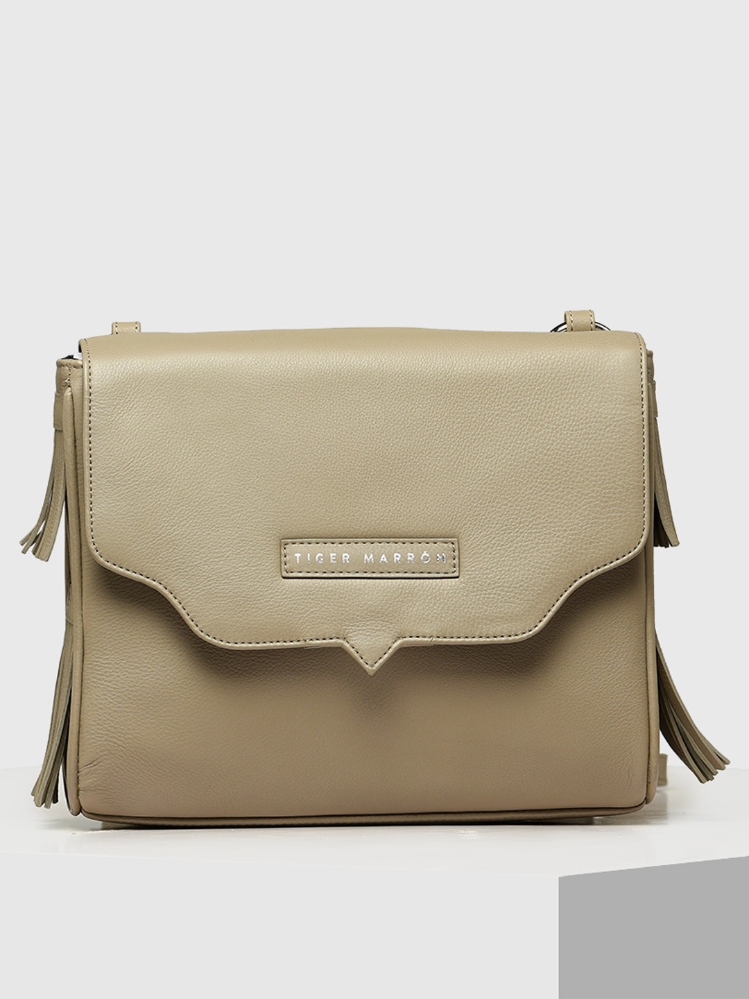 

TIGER MARRON Leather Structured Sling Bag with Tasselled, Grey