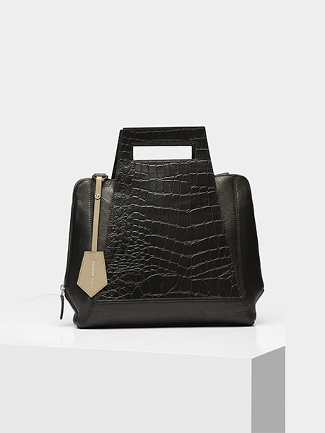 

TIGER MARRON Textured Leather Structured Satchel, Black