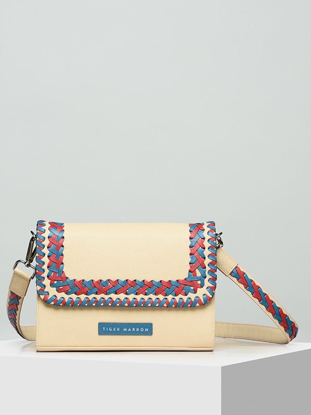 

TIGER MARRON Textured Vegan Leather Structured Sling Bag, Cream