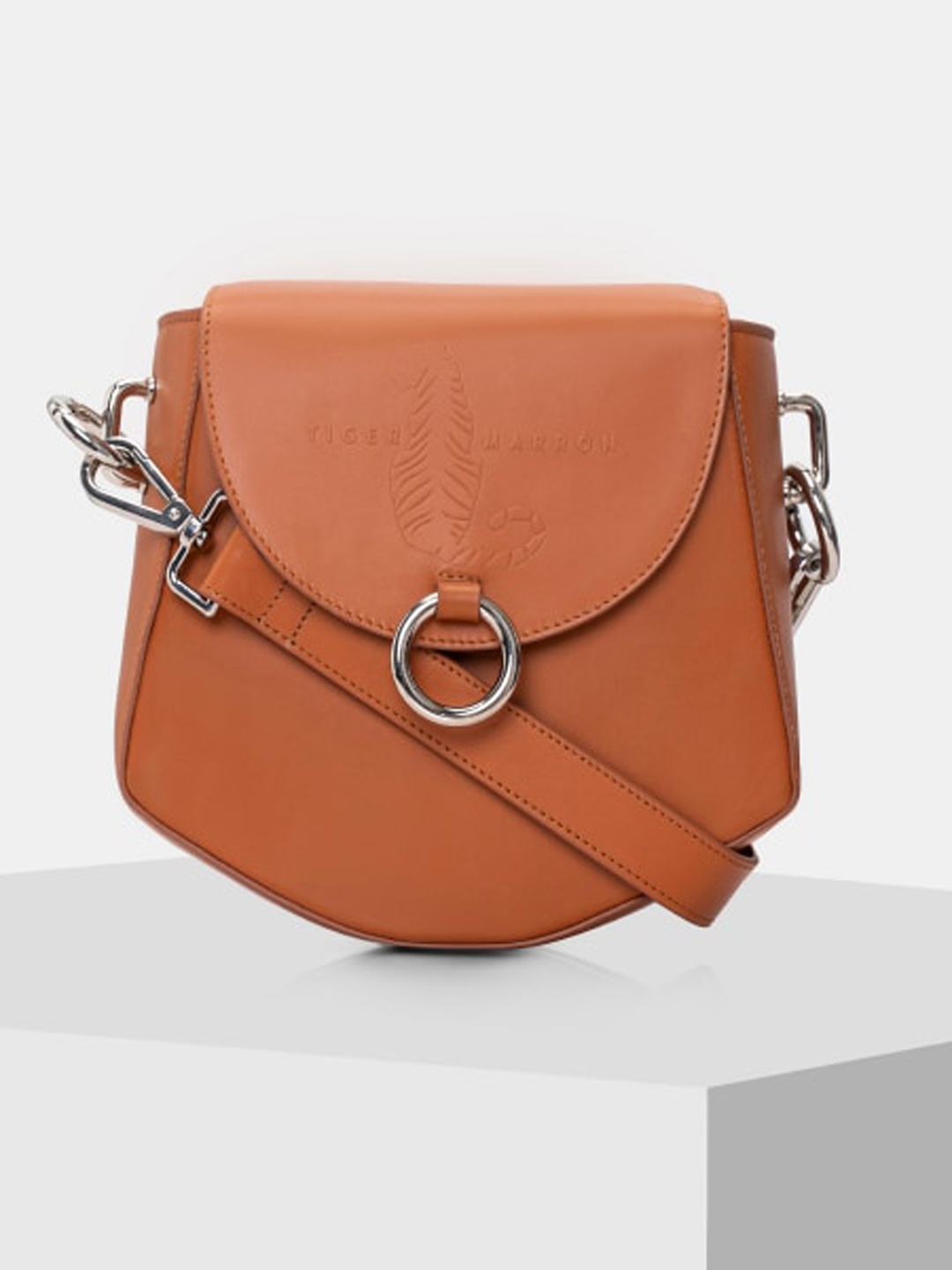 

TIGER MARRON Leather Structured Sling Bag, Orange