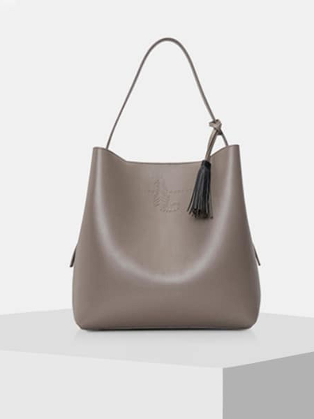 

TIGER MARRON Leather Shopper Hobo Bag With Tasselled, Grey