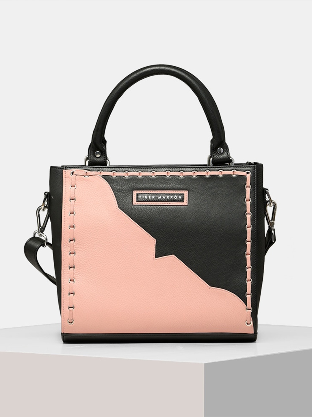 

TIGER MARRON Colourblocked Leather Structured Handheld Bag, Pink