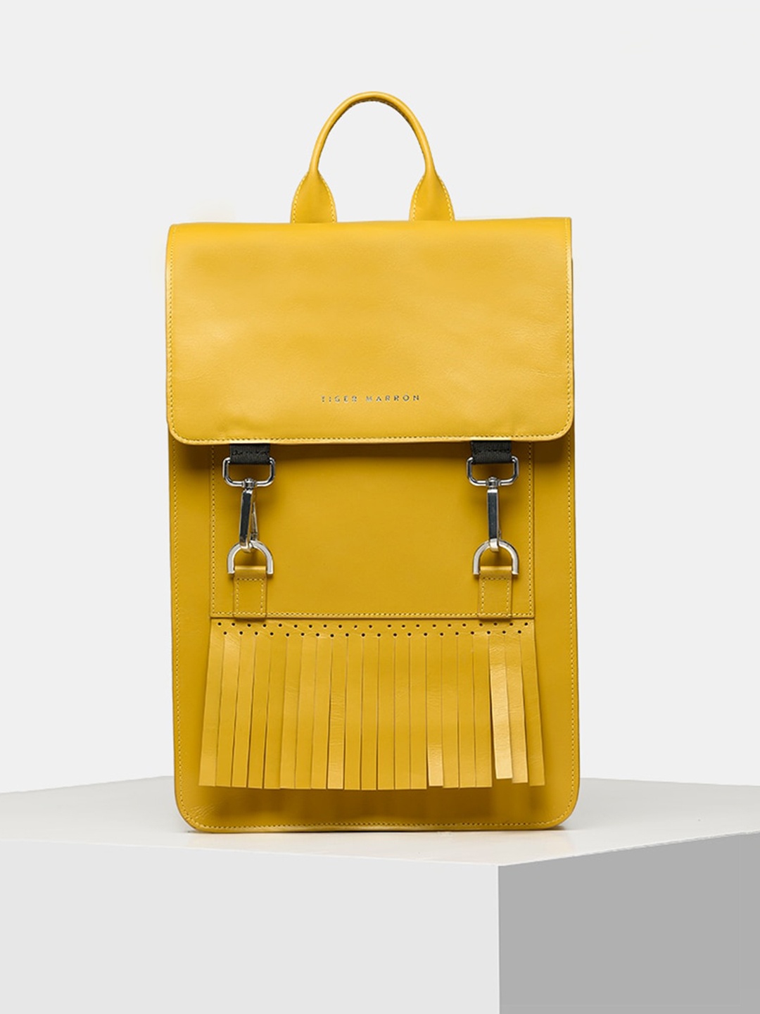 

TIGER MARRON Leather Structured Sling Bag with Tasselled, Mustard