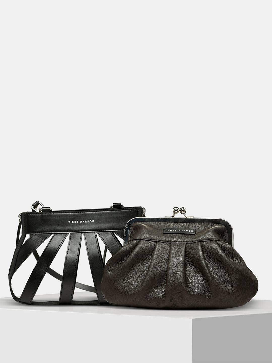

TIGER MARRON Vegan Leather Structured Sling Bag, Black