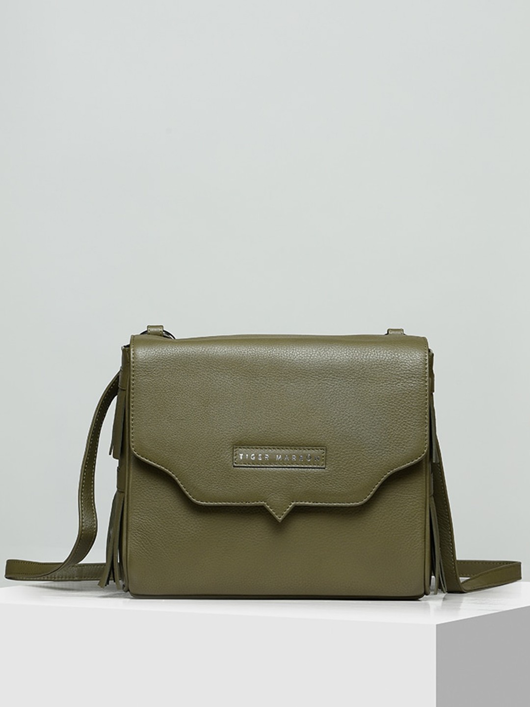 

TIGER MARRON Leather Structured Sling Bag with Fringed, Olive