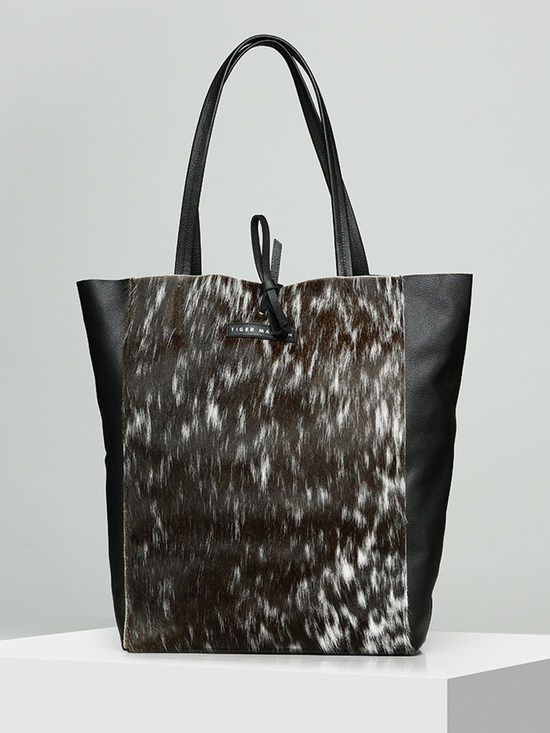 TIGER MARRON Leather Oversized Shopper Tote Bag with Fringed, Brown