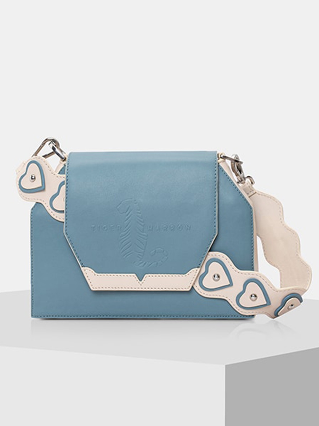 

TIGER MARRON Leather Shopper Sling Bag with Applique, Blue