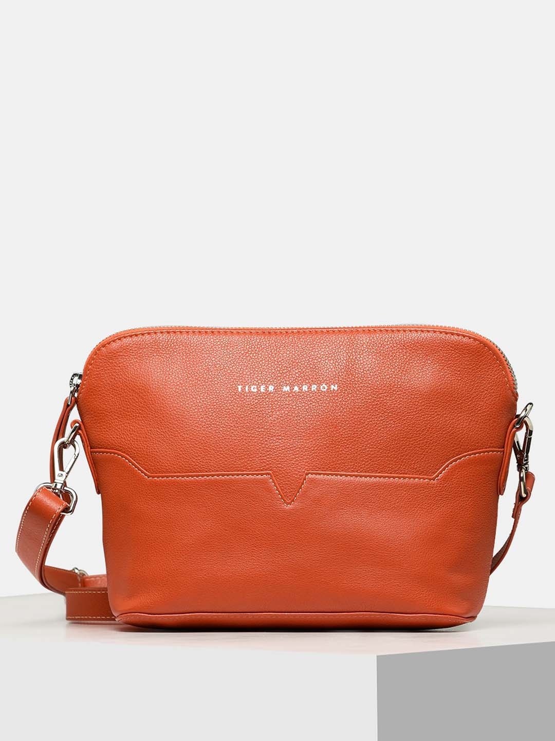 

TIGER MARRON Textured Leather Structured Sling Bag, Orange