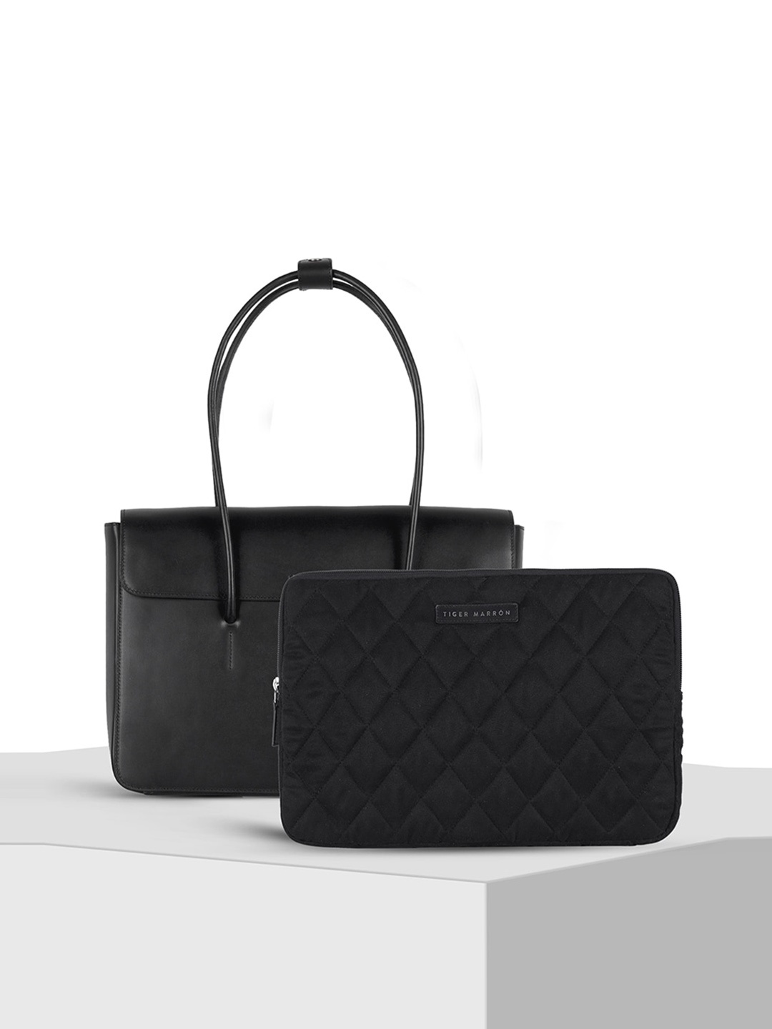 

TIGER MARRON Leather Shopper Shoulder Bag, Black