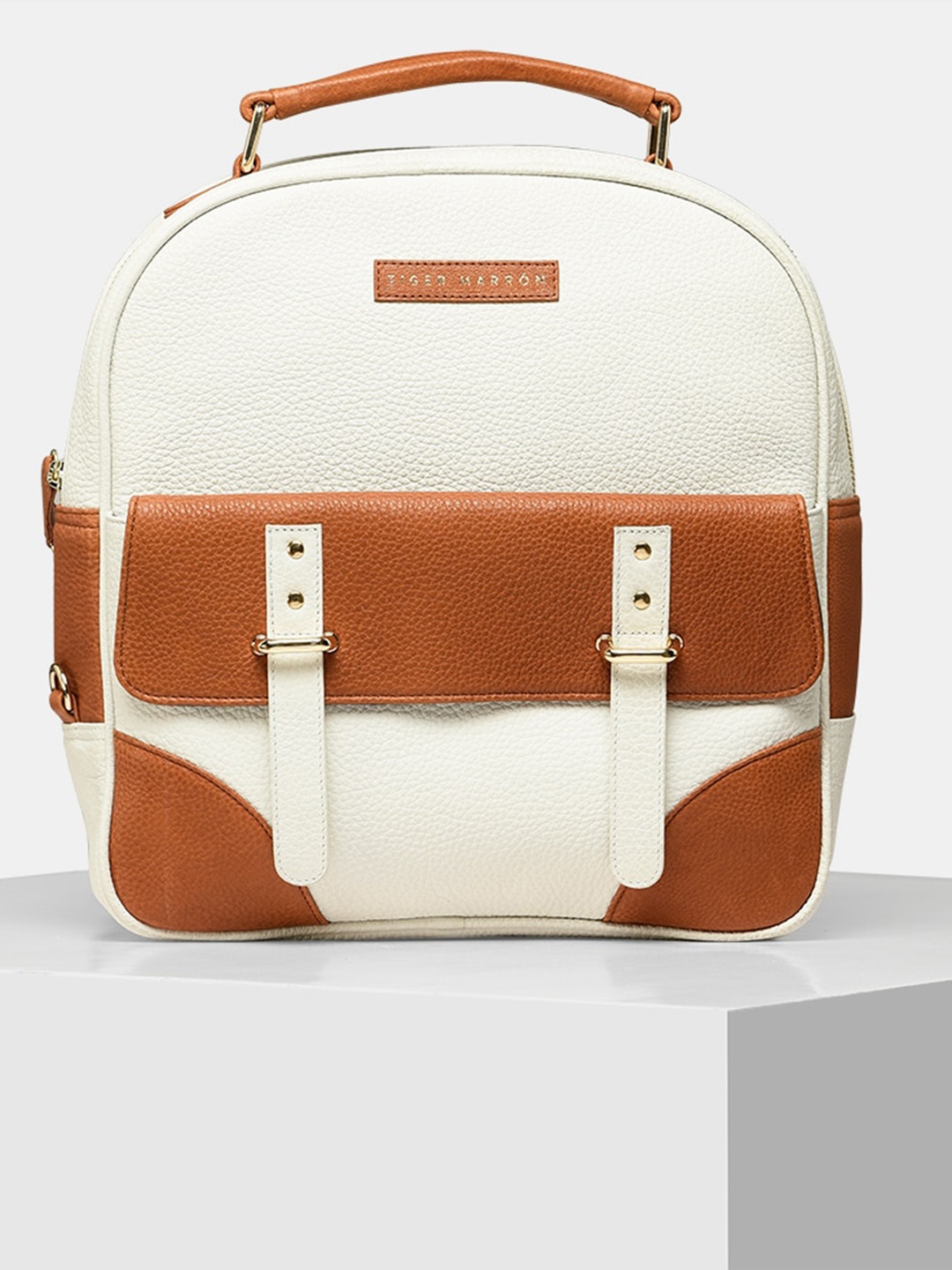 

TIGER MARRON Colourblocked Leather Structured Handheld Bag, White