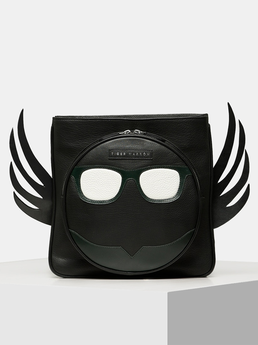 

TIGER MARRON Black Leather Oversized Structured Handheld Bag with Applique