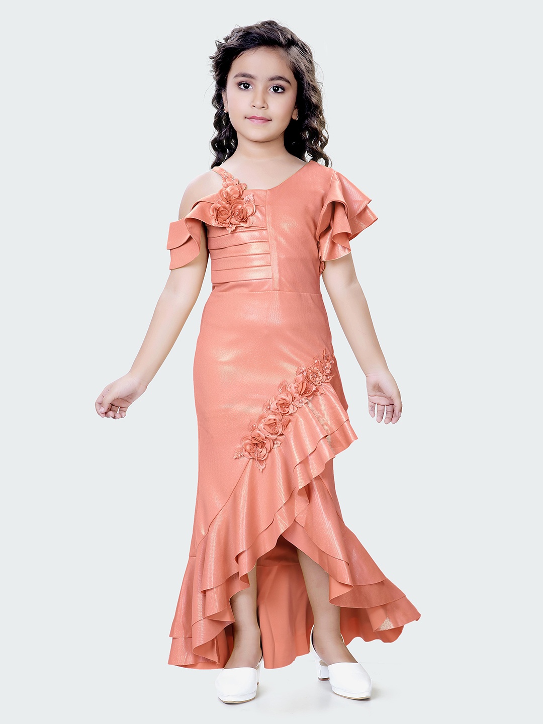 

Hunny Bunny Girls Off-ShoulderAsymmetric Ruffled Maxi Dress, Peach
