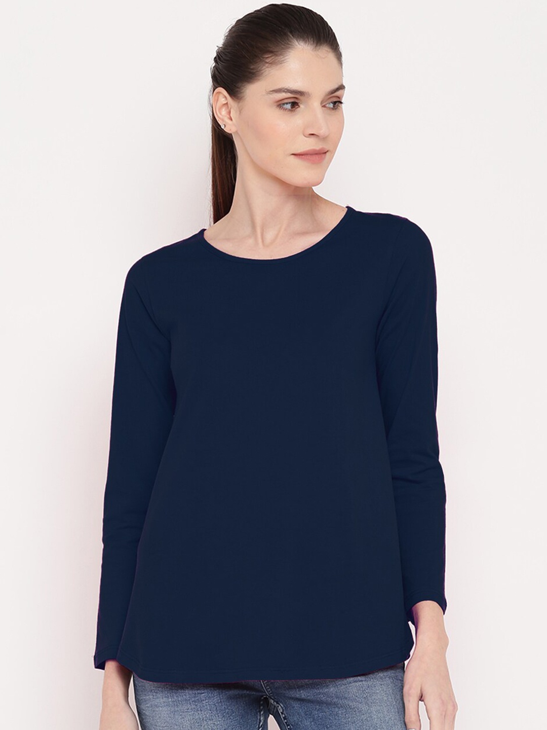 

A T U N Women Round Neck Long Sleeve Longline Cotton T-shirt, Navy blue