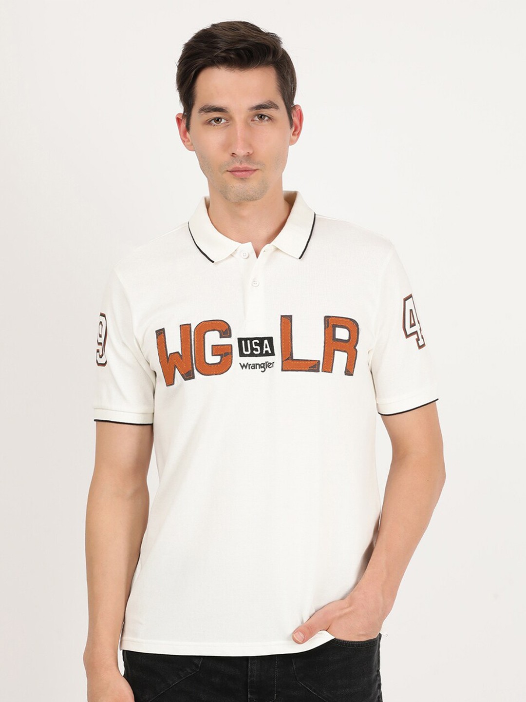 

Wrangler Typography Printed Polo Collar Cotton T-shirt, White
