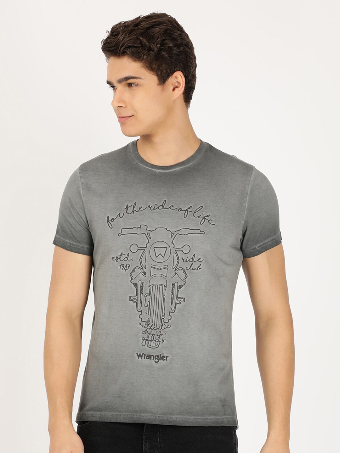 

Wrangler Men Biker Printed Cotton T-shirt, Grey