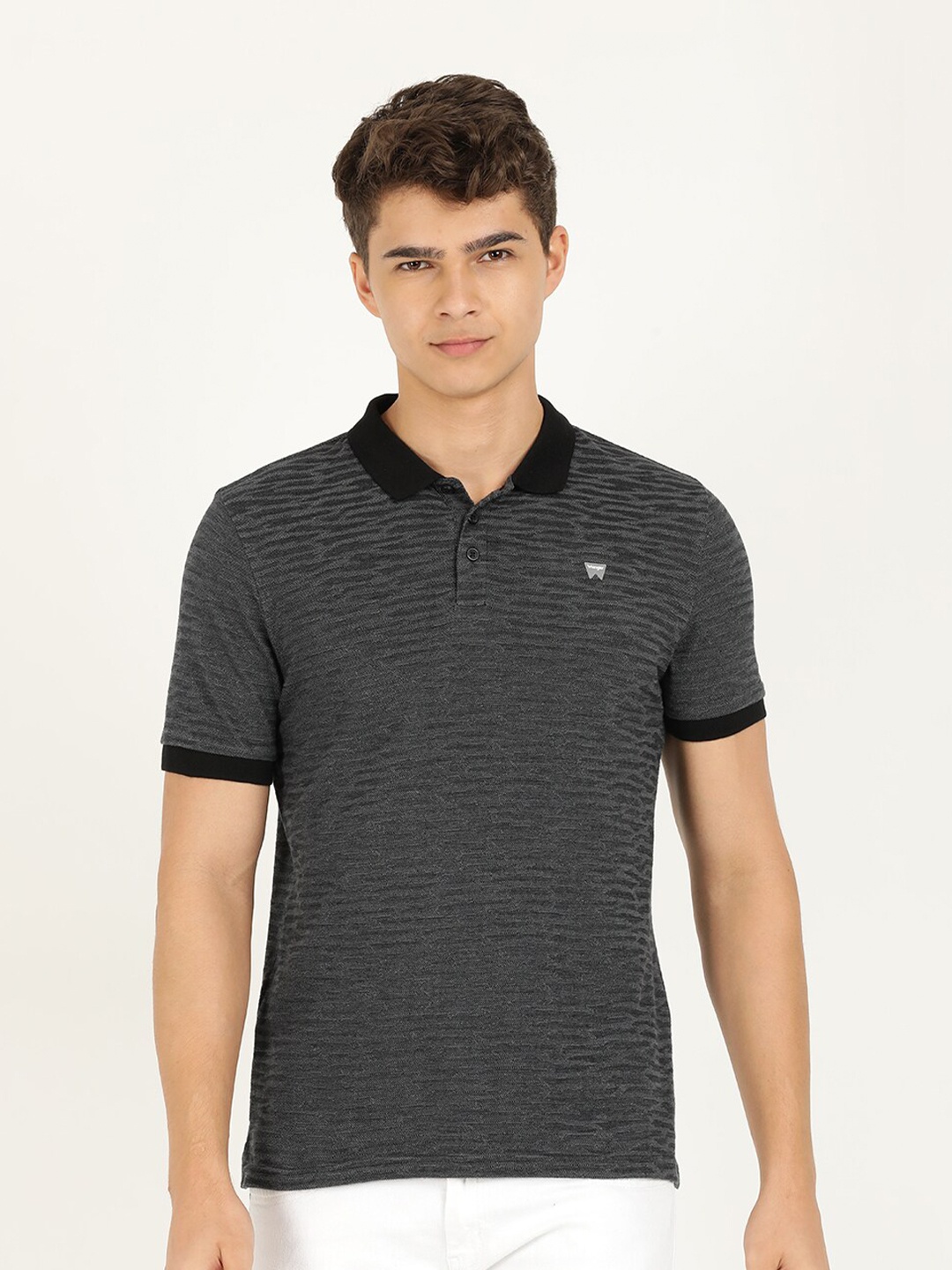 

Wrangler Men Self Design Polo Collar Cotton T-shirt, Black