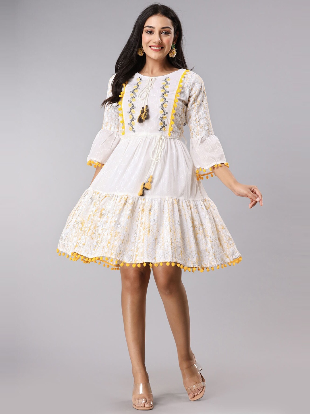 

FASHION DWAR Floral Tie-Up Neck Pure Cotton Dress, White