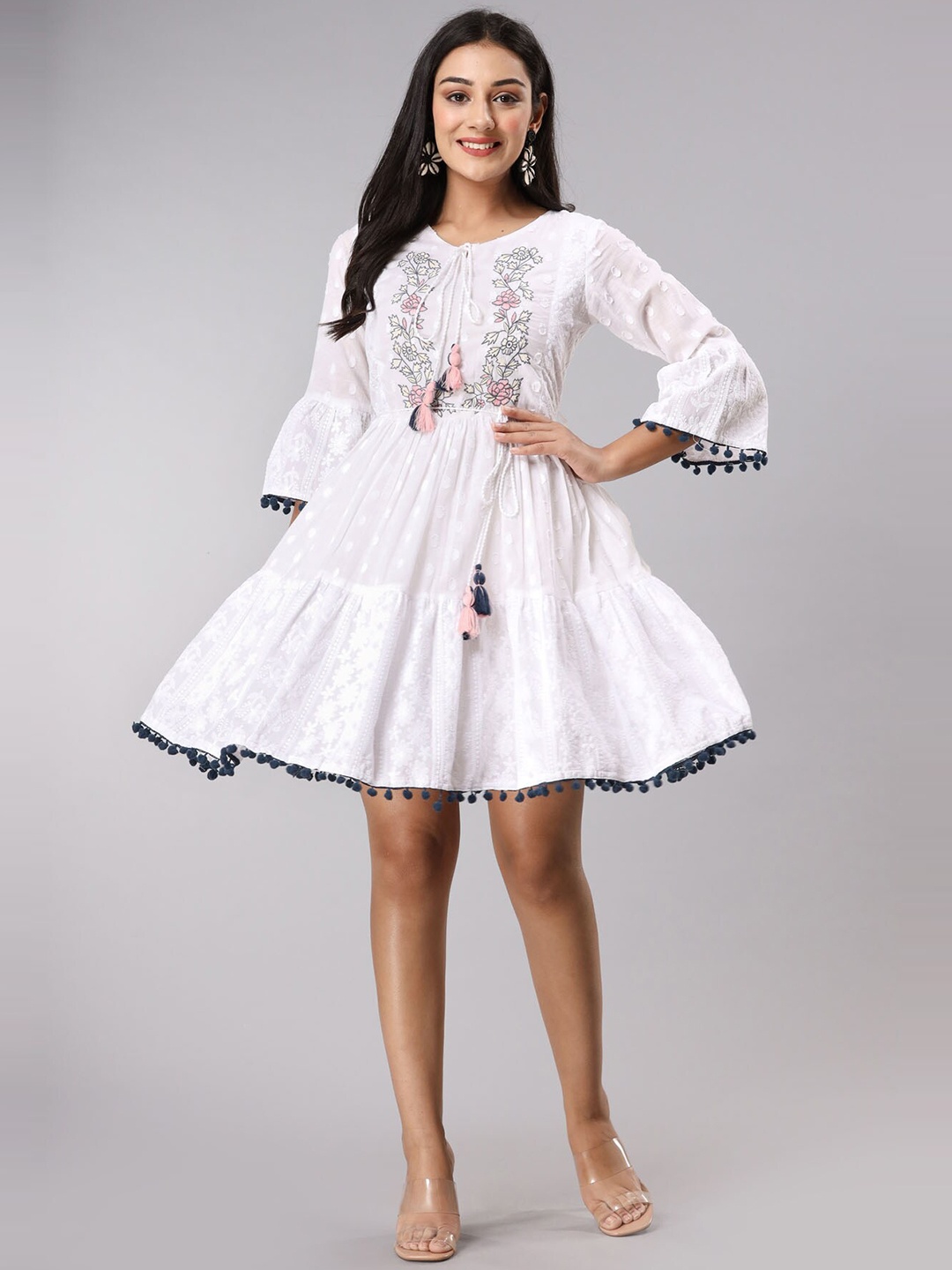 

FASHION DWAR Floral Tie-Up Neck Pure Cotton Dress, White