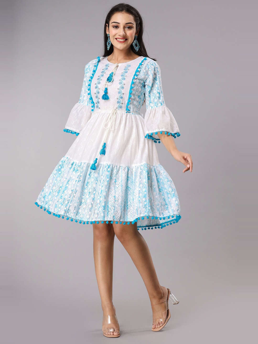

FASHION DWAR Tie-Up Neck Floral Pure Cotton Dress, Blue