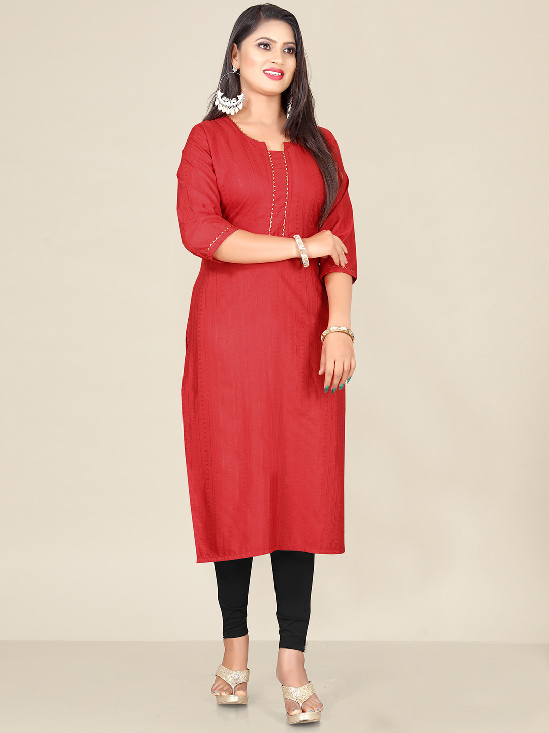 

Indian Fashionista Women Plus Size Geometric Printed Pure Cotton Kurta, Red