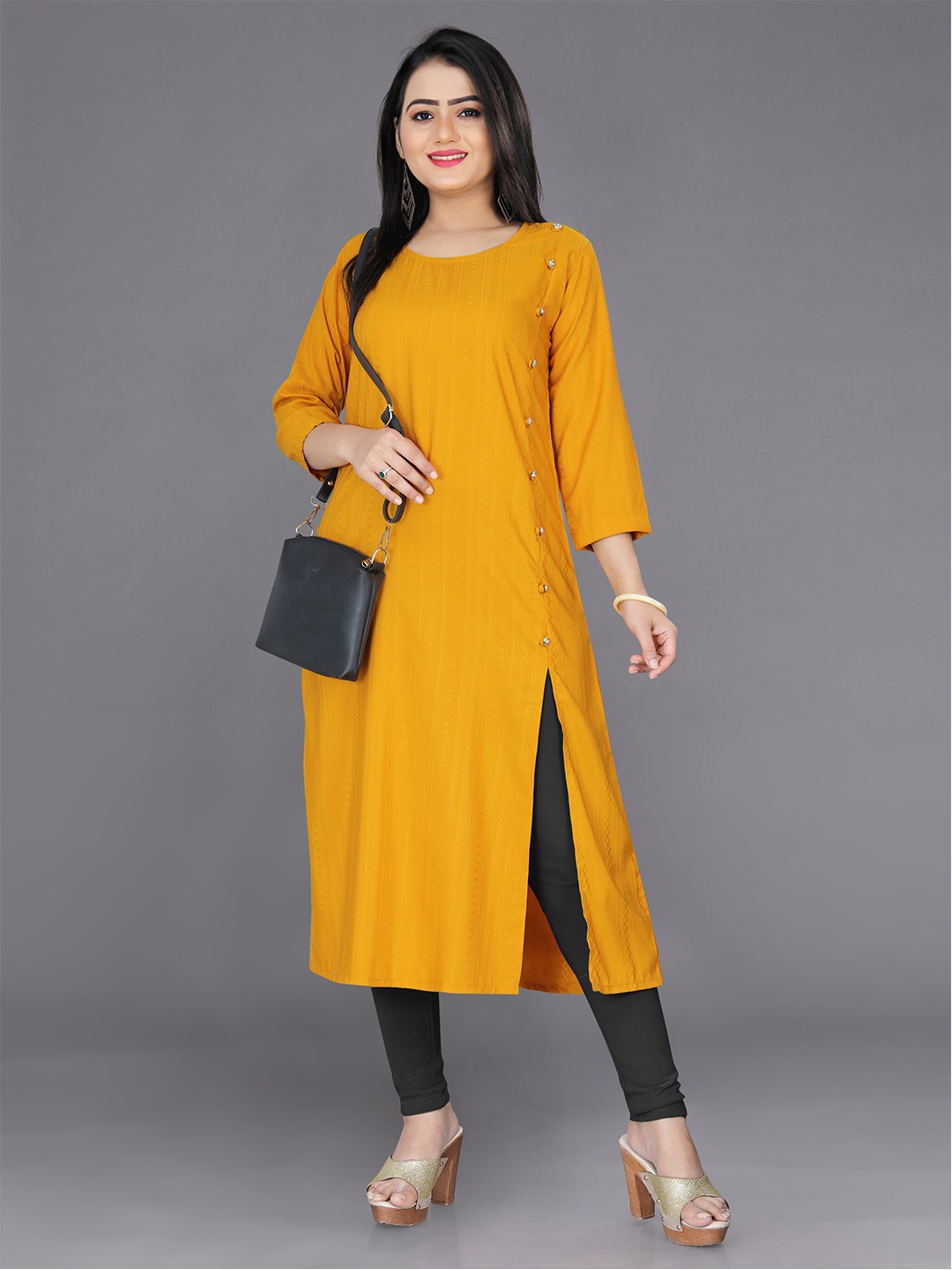 

Indian Fashionista Women Striped Pure Cotton Kurta, Mustard