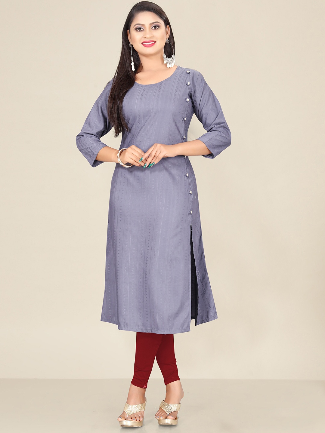 

Indian Fashionista Women Round Neck Straight Regular Pure Cotton Kurta, Grey