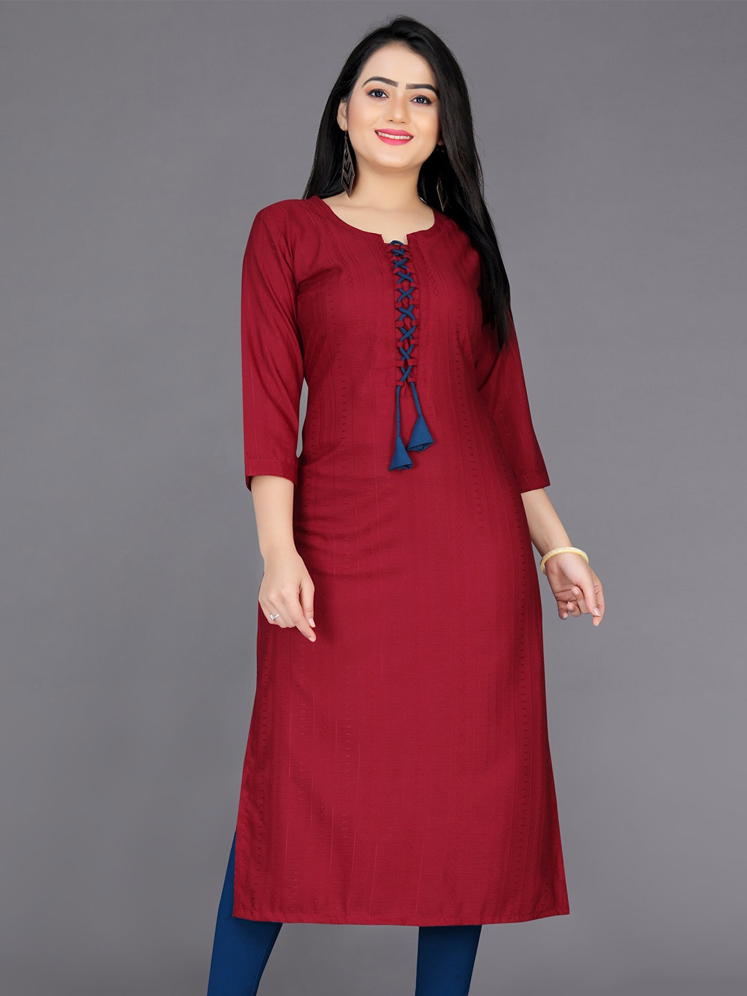 

Indian Fashionista Women Striped Round Neck Cotton Kurta, Maroon