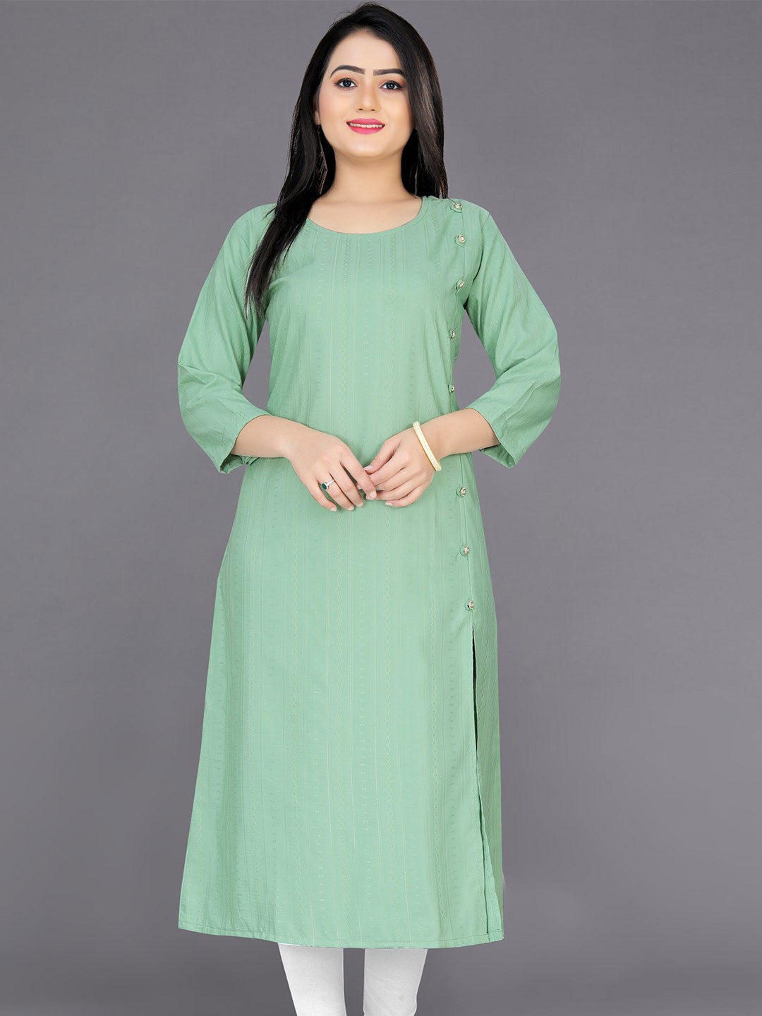 

Indian Fashionista Women Plus Size Striped Pure Cotton Kurta, Green