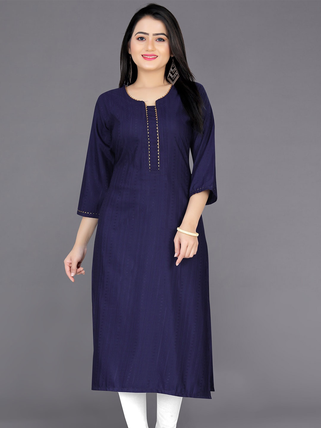 

Indian Fashionista Women Woven Design Gotta Patti Straight Pure Cotton Kurta, Navy blue
