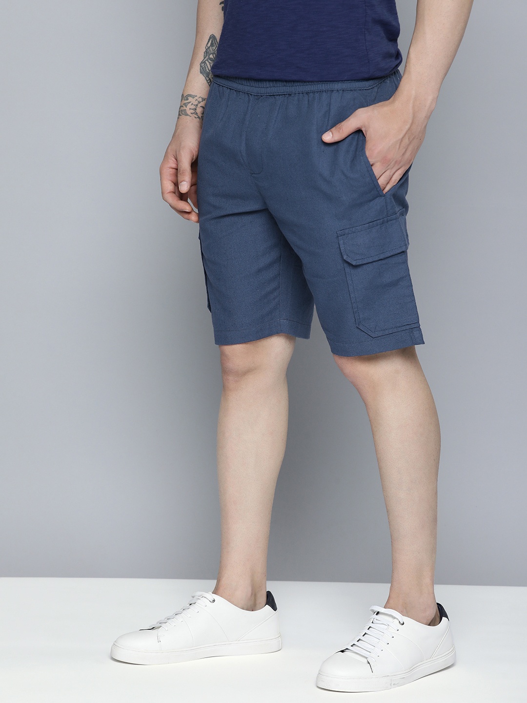 

ether Men Cotton Linen Shorts, Blue