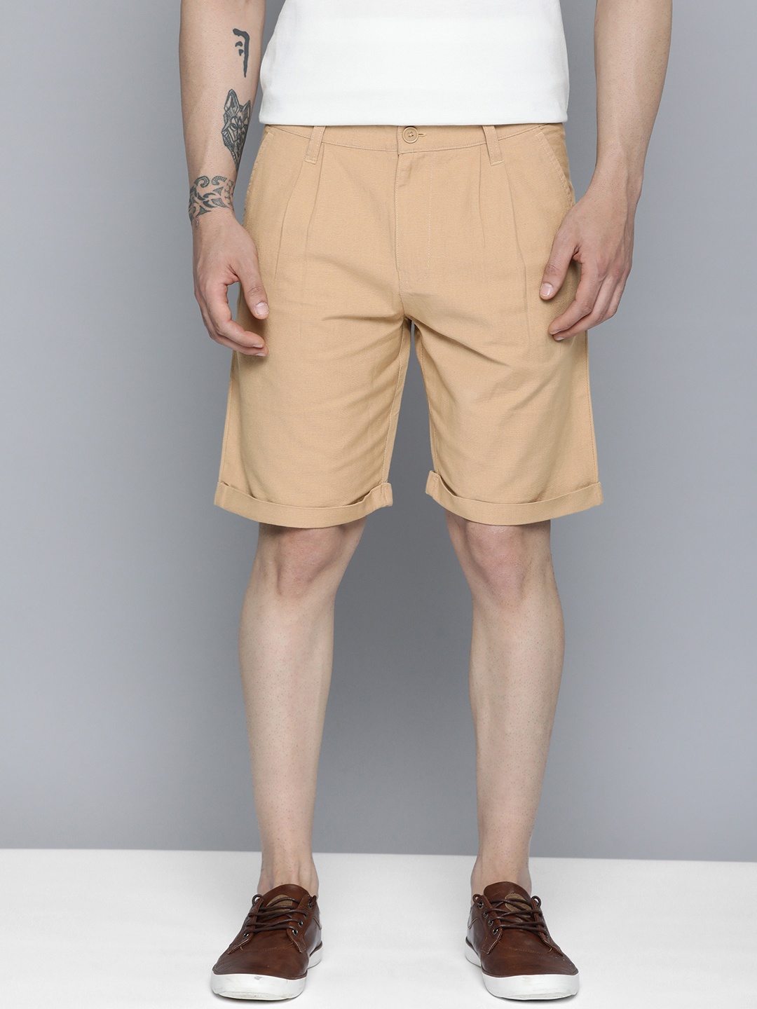 

ether Men Cotton Linen Shorts, Beige