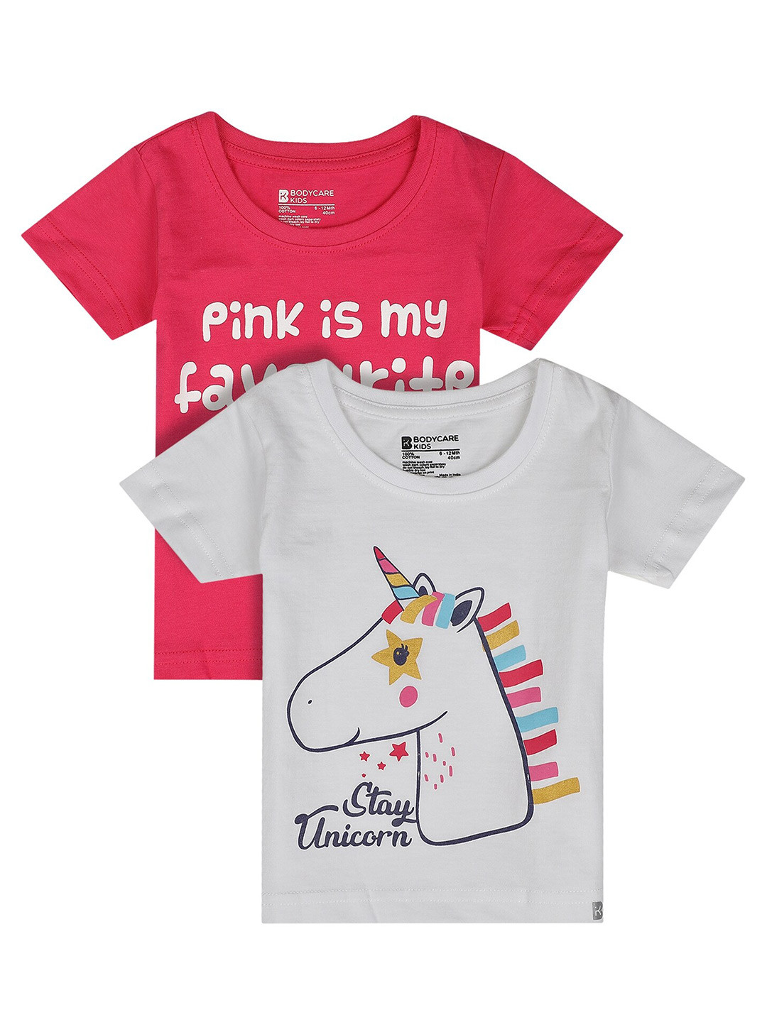

Bodycare Kids Girls Antiviral & Antibacterial Pack Of 2 Unicorn & Typography Printed Cotton T-shirt, Pink