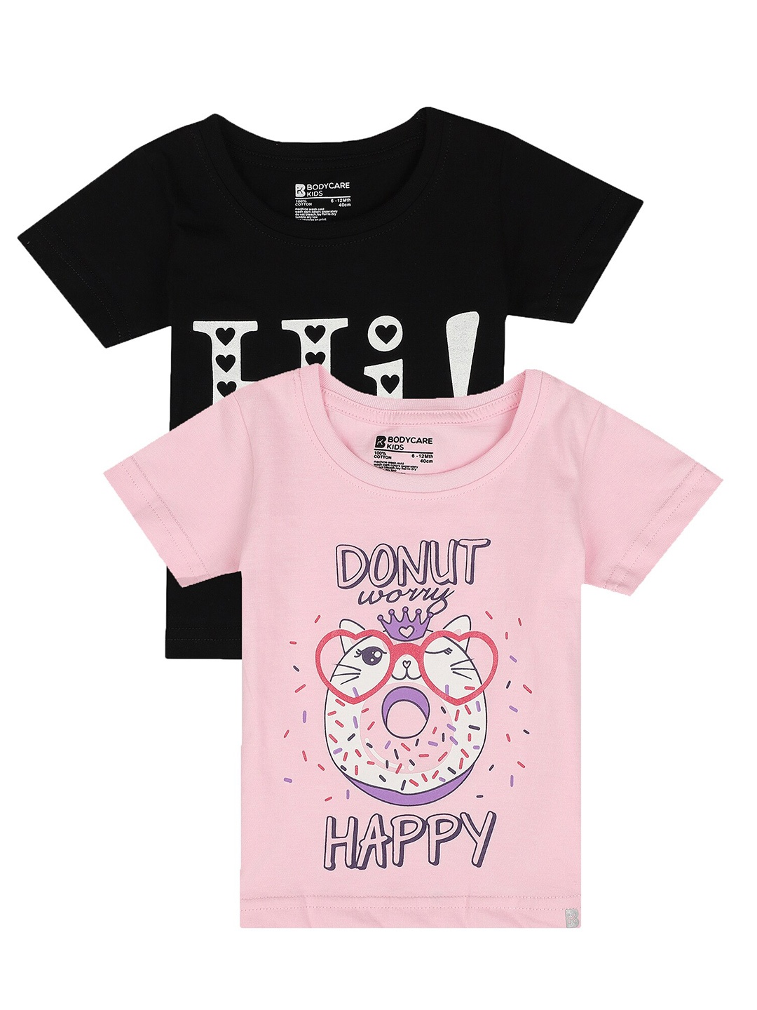 

Bodycare Kids Girls Antiviral & Antibacterial Infants Pack Of 2 Typography Printed Cotton T-shirt, Black