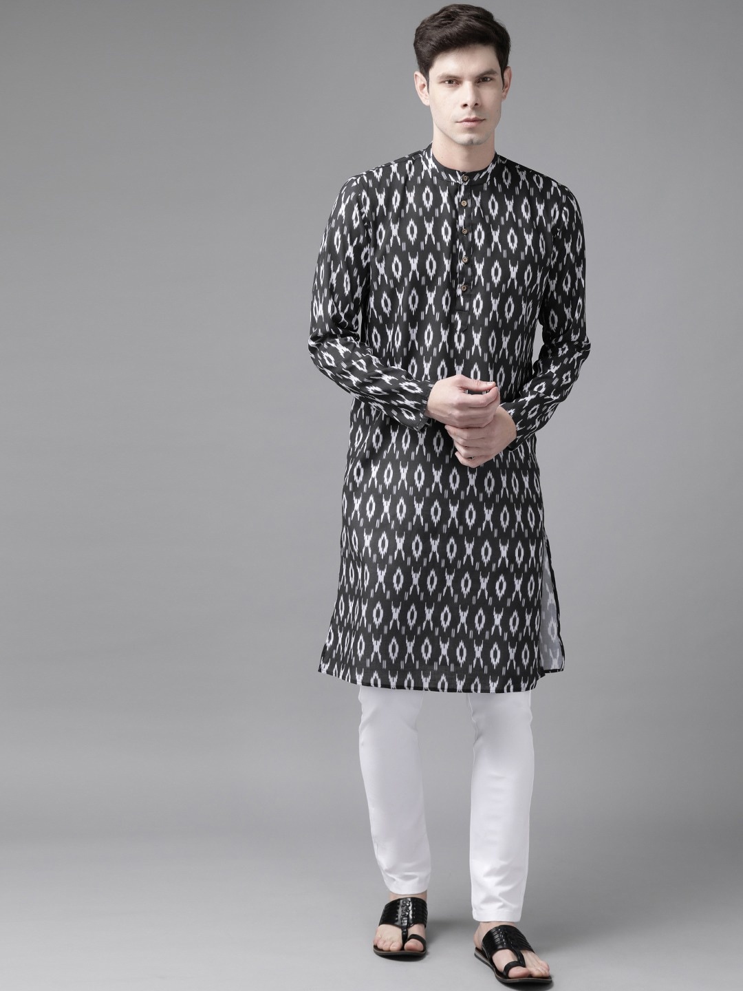 

VASTRAMAY Men Abstract Ikat Woven Design Band Collar Straight Cotton Kurta, Black
