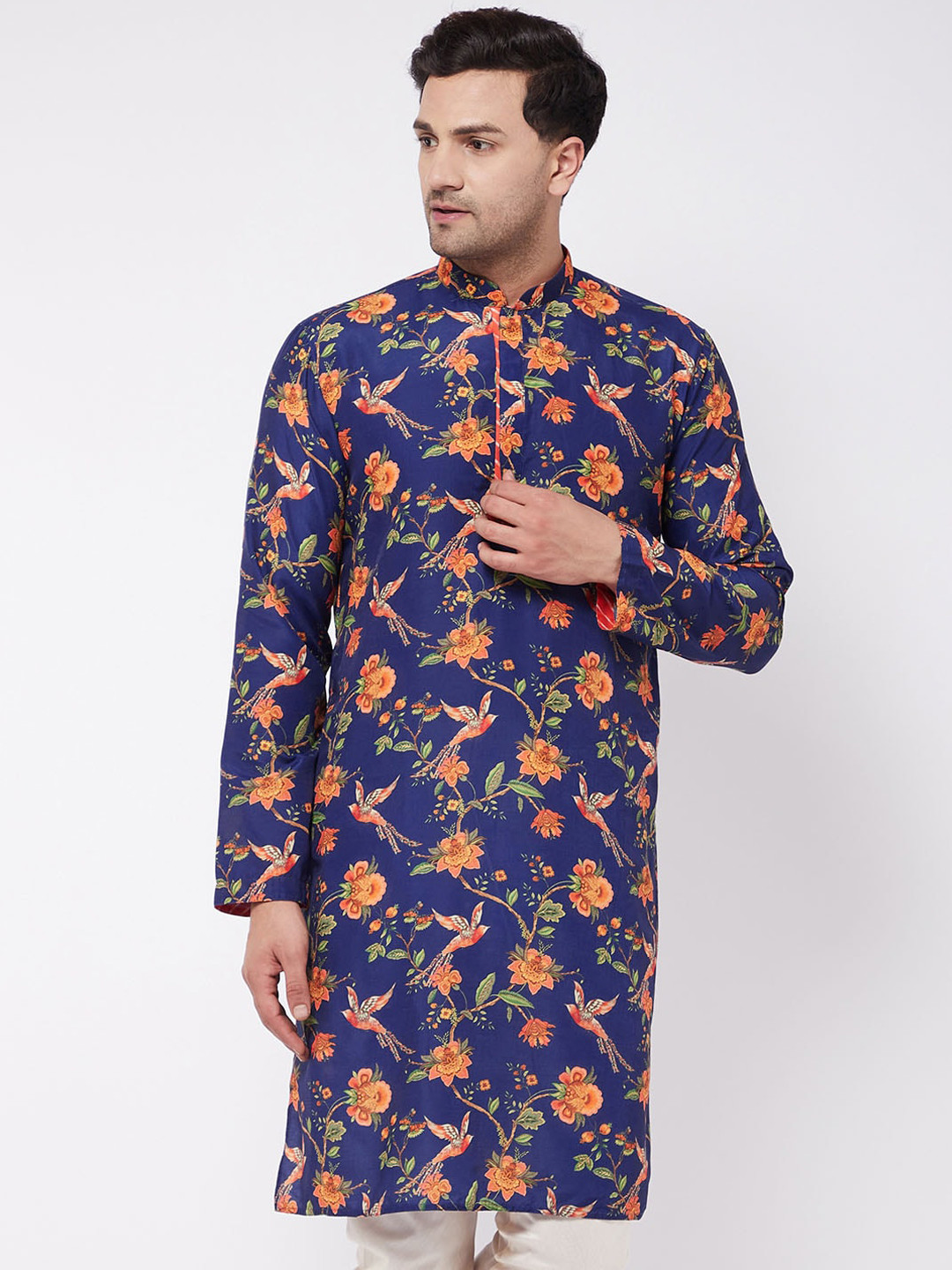 

VASTRAMAY Men Floral Printed Straight Kurta, Navy blue