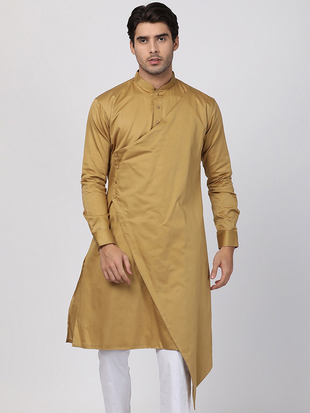 

VASTRAMAY Men Mandarin Collar Layered Kurta, Camel brown