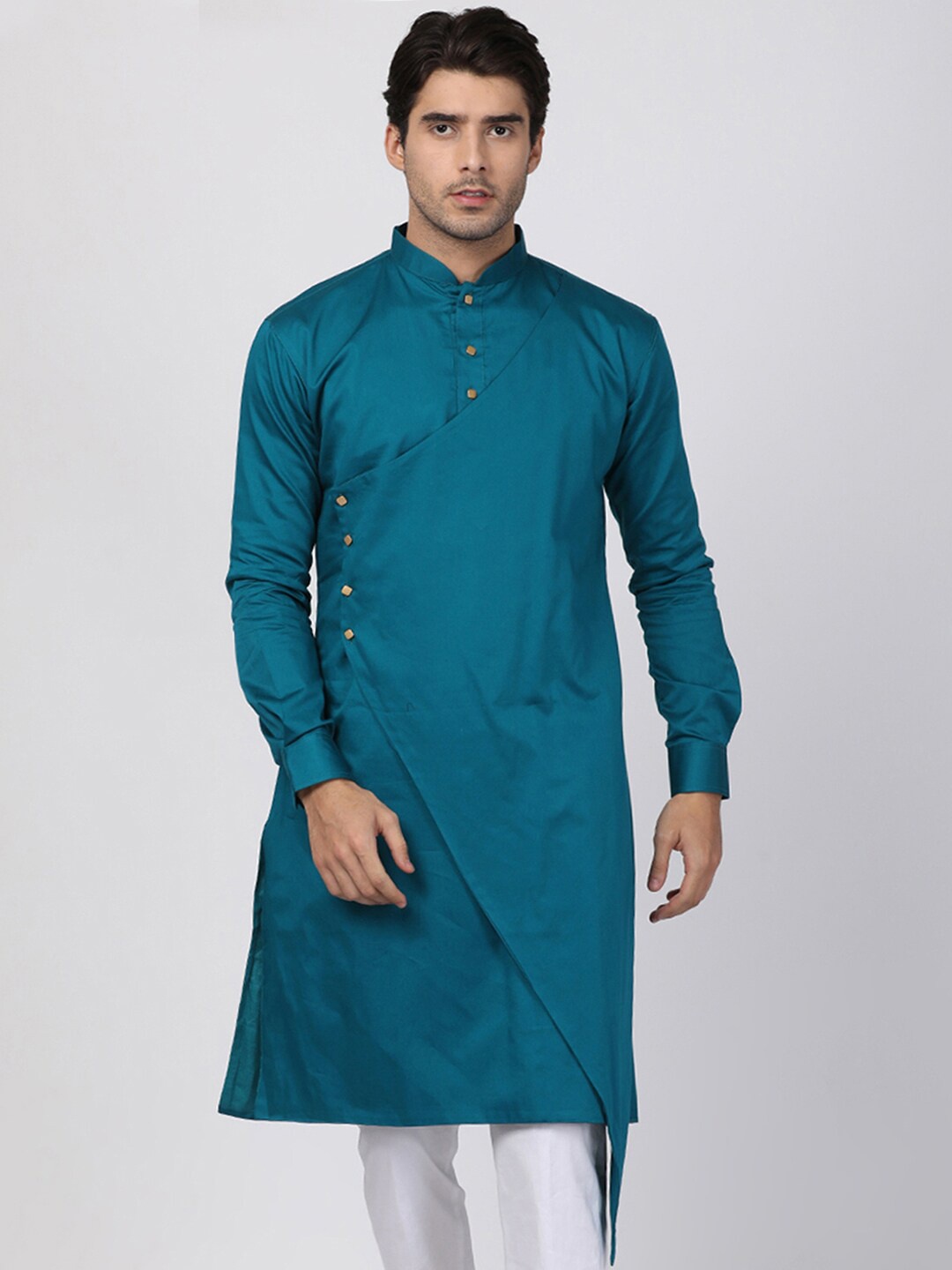 

VASTRAMAY Men Angrakha Cotton Kurta, Turquoise blue