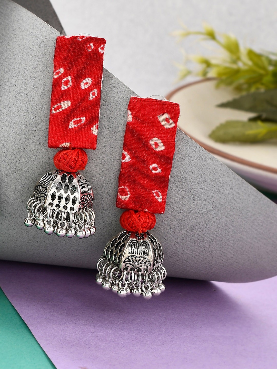 

Shoshaa Women Silver-Plated Dome Shaped Jhumkas Earrings, Red