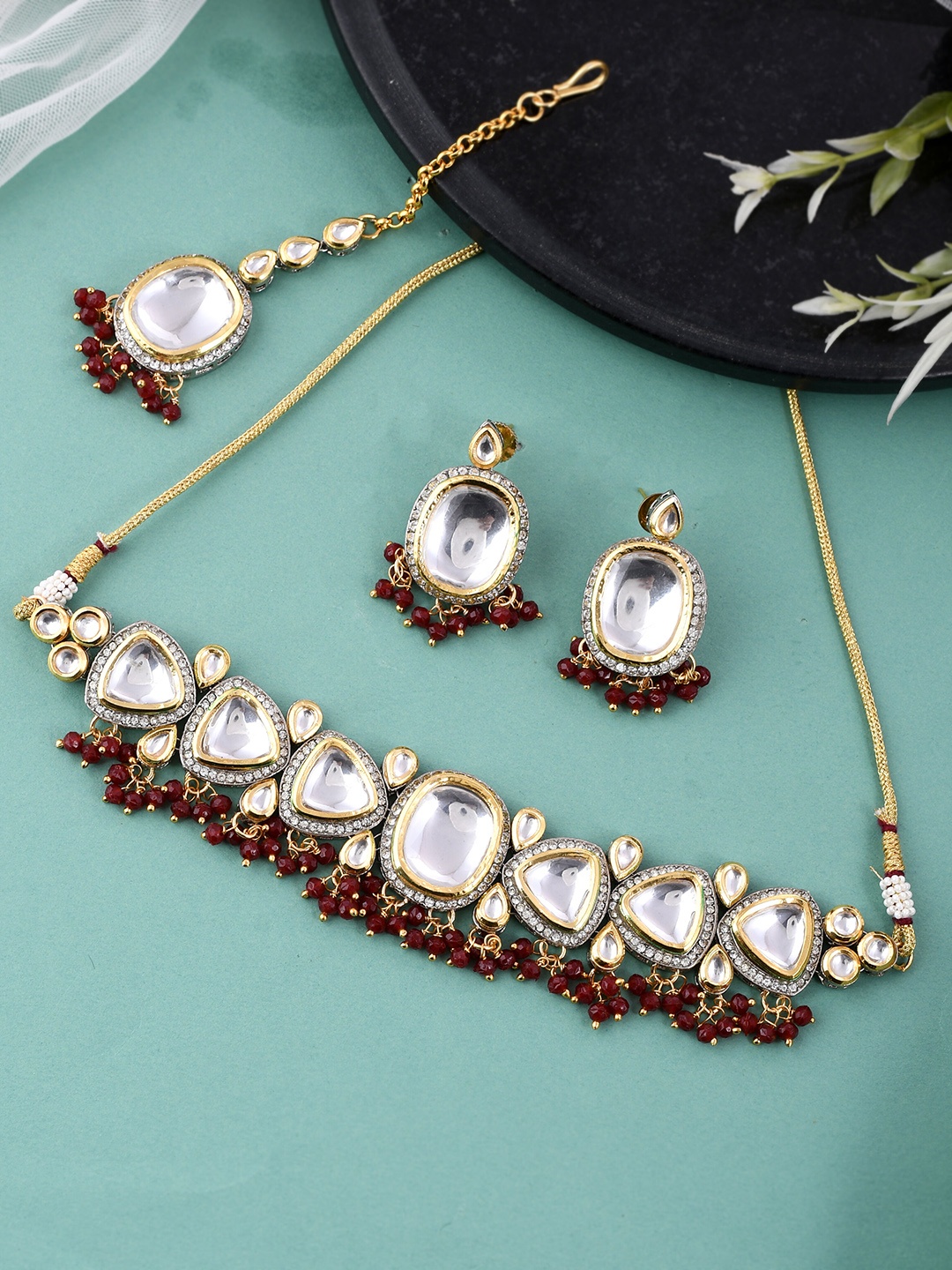 

Shoshaa Gold-Plated CZ Studded Polki Jewellery Set, Maroon