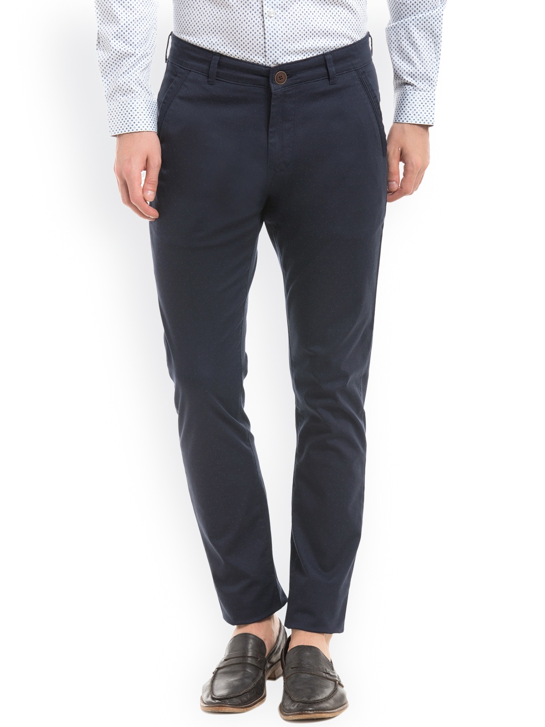 

True Blue Men Navy Blue Slim Fit Self Design Regular Trousers