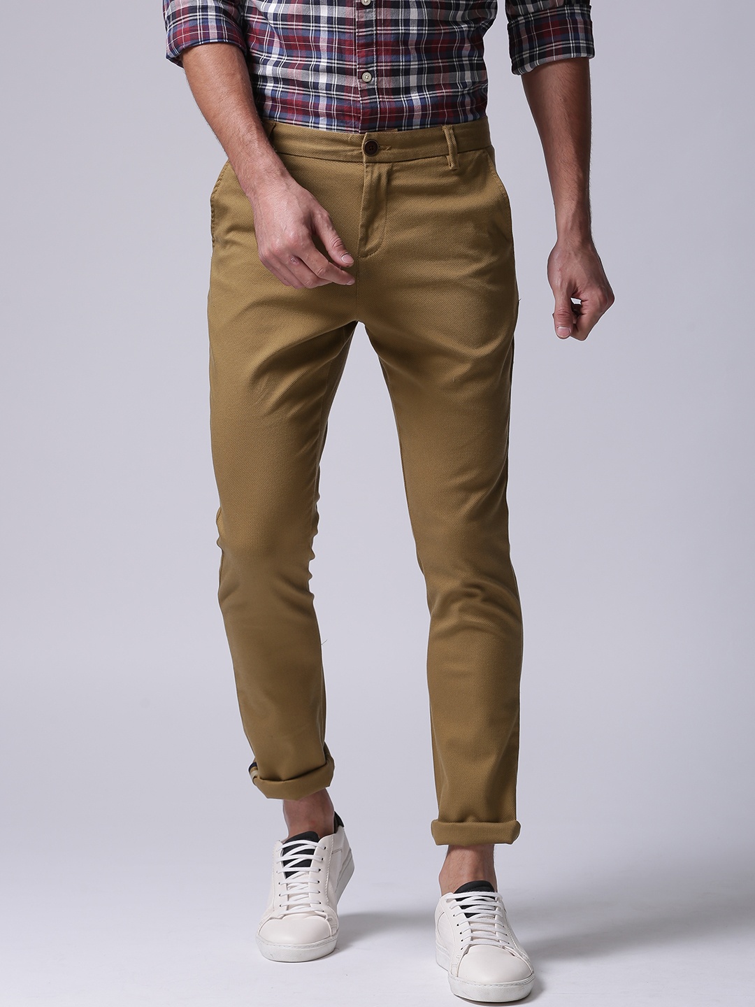 

True Blue Men Khaki Self-Design Trousers