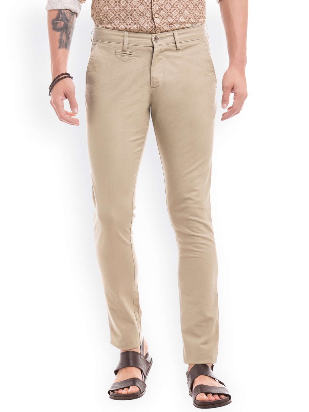 

True Blue Men Beige Slim Fit Solid Trousers