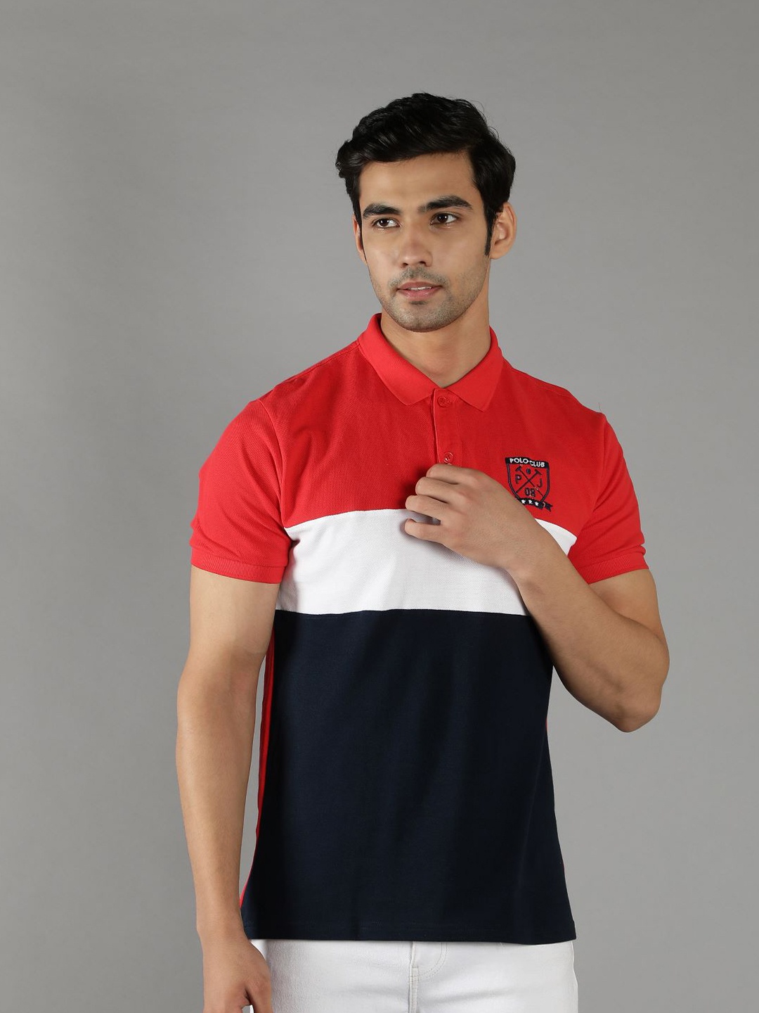 

PEPLOS Men Colourblocked Polo Collar Cotton T-shirt, Red