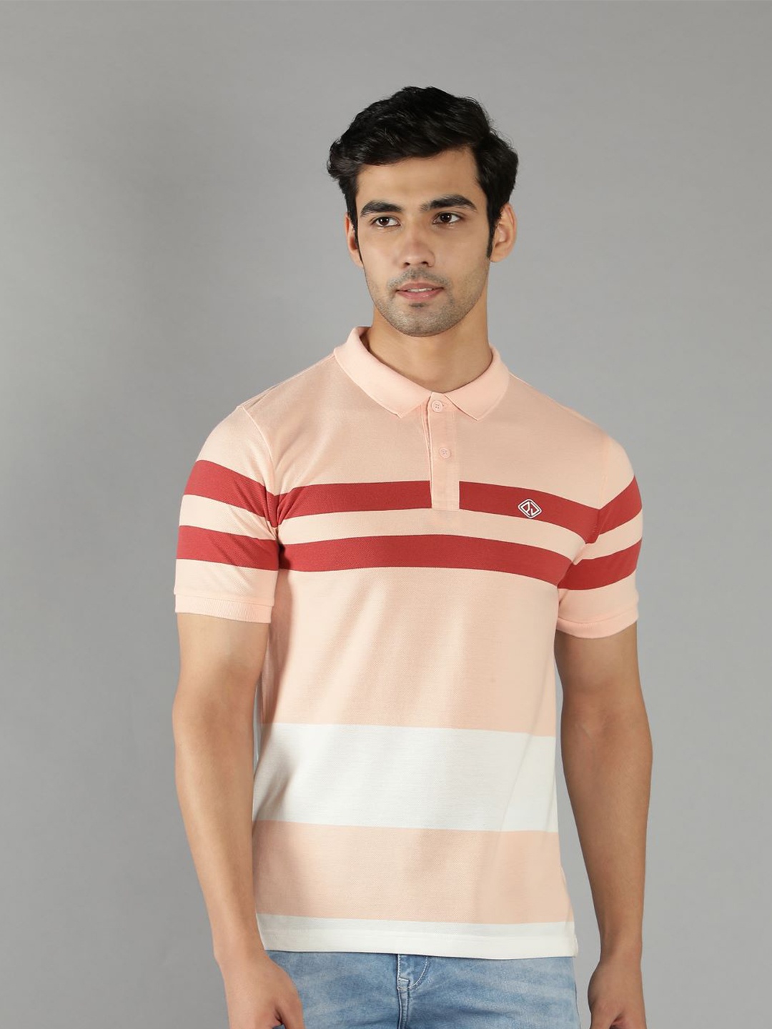 

PEPLOS Men Striped Polo Collar Cotton T-shirt, Beige