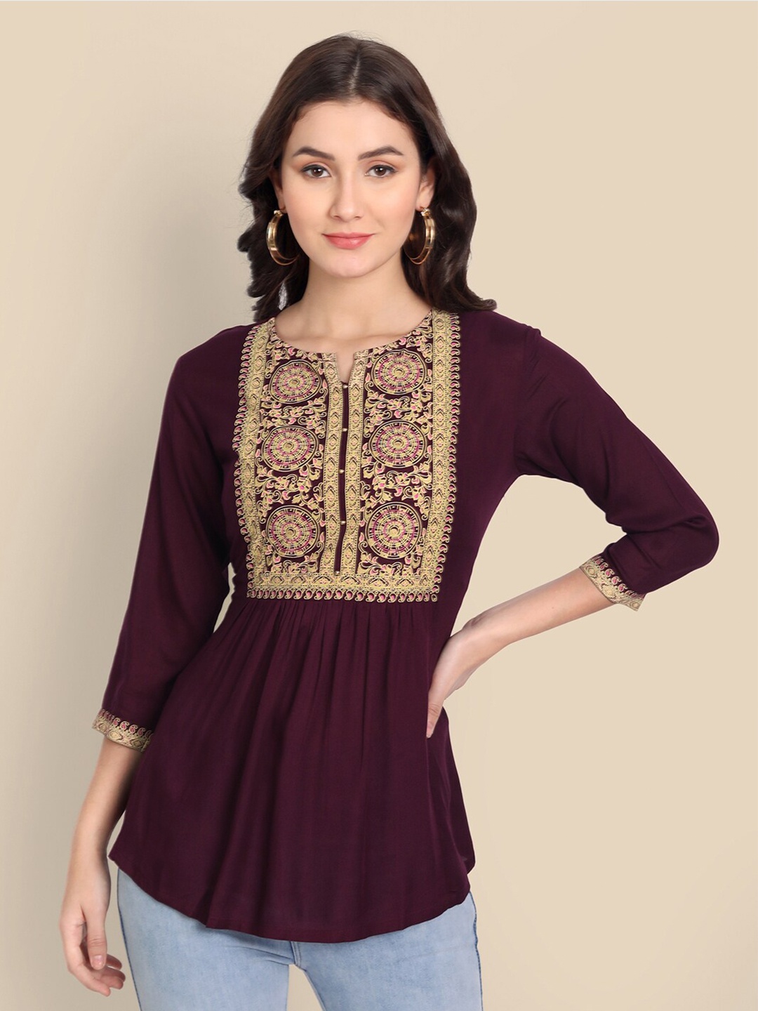 

Wyfees Round Neck Ethnic Motifs Printed Regular Top, Maroon