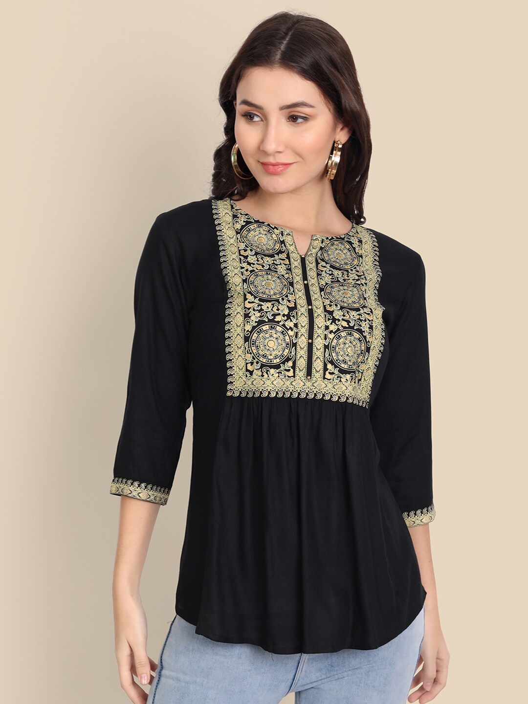 

Wyfees Ethnic motifs Printed Notched Neck Top, Black