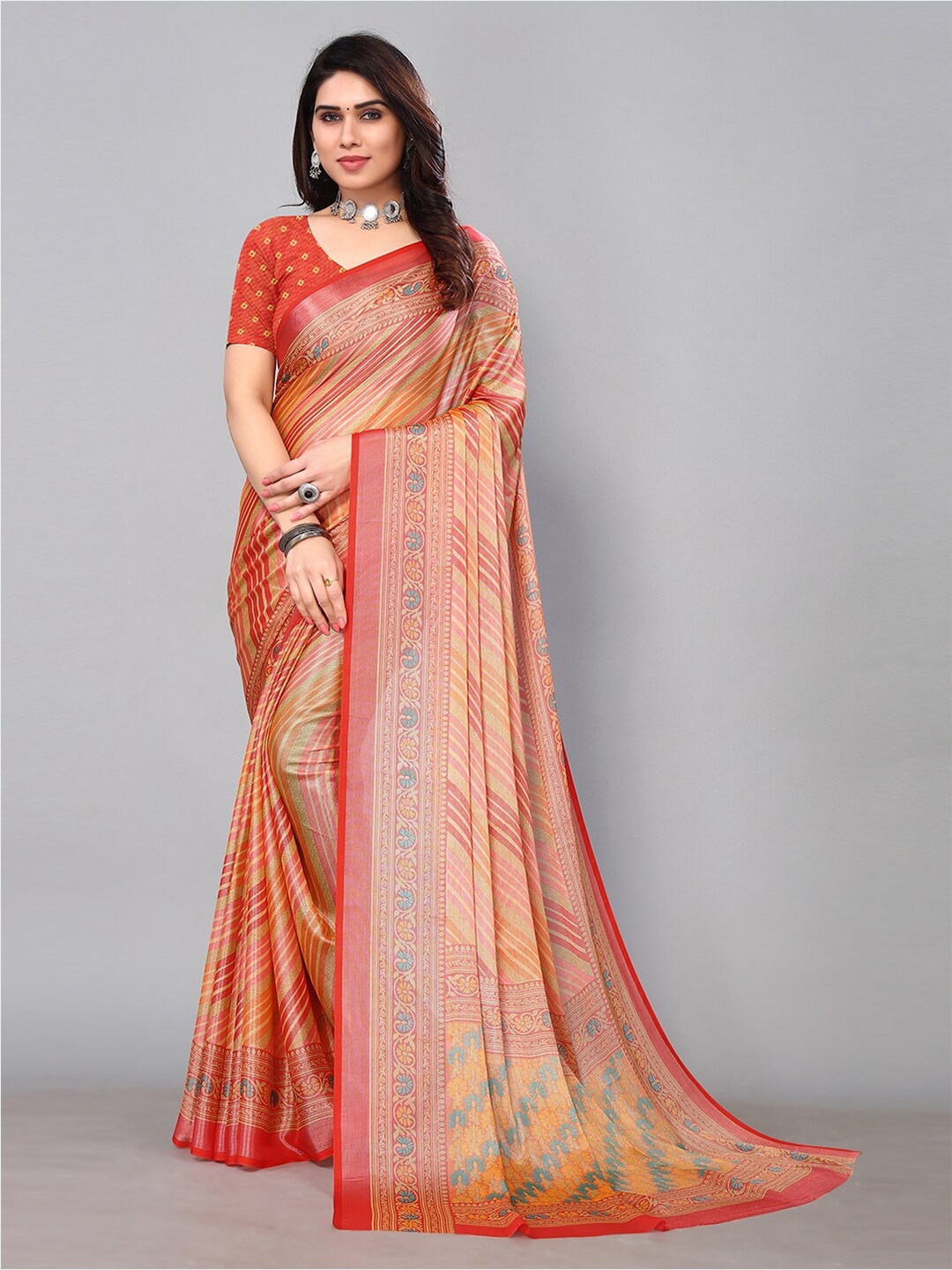 

KALINI Striped Printed Saree, Red