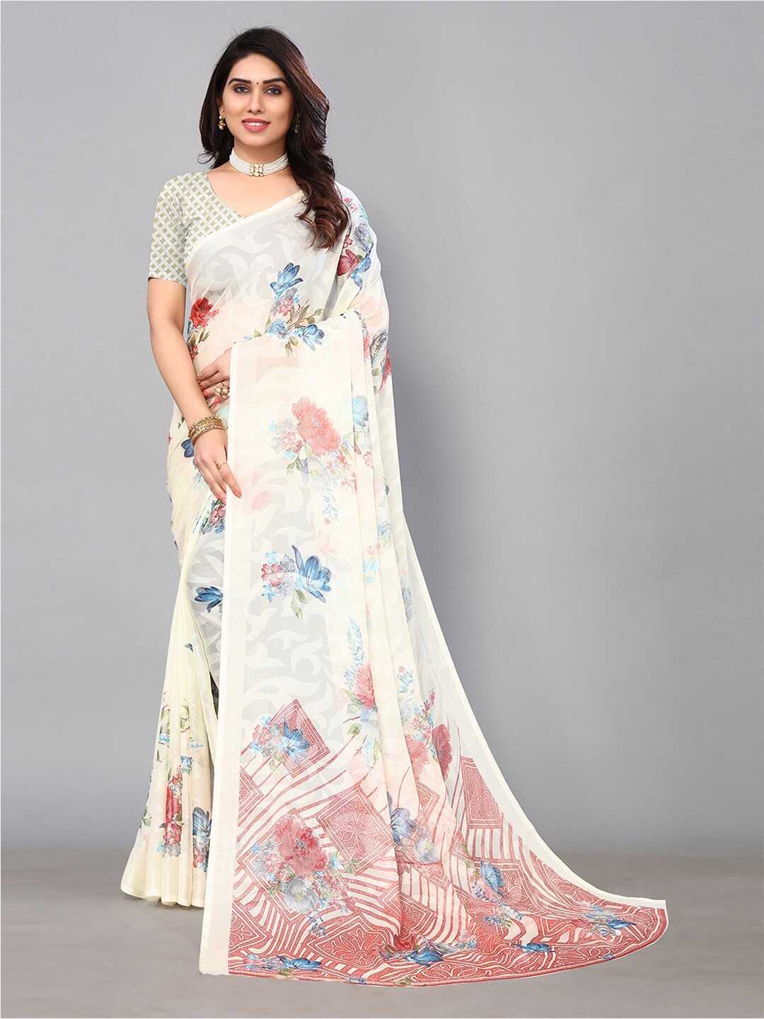 

KALINI Floral Printed Saree, Off white