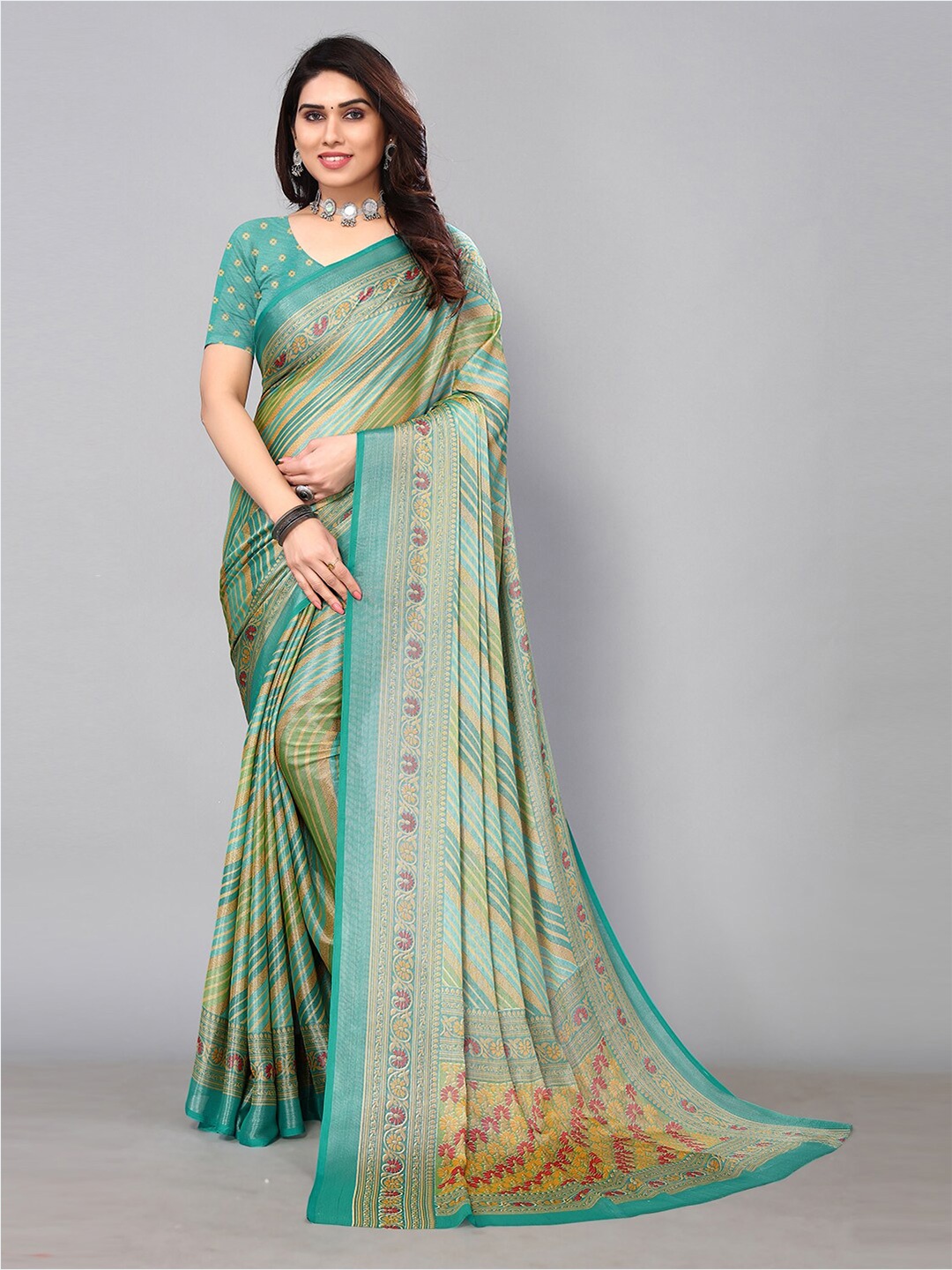 

KALINI Printed Striped Saree, Turquoise blue