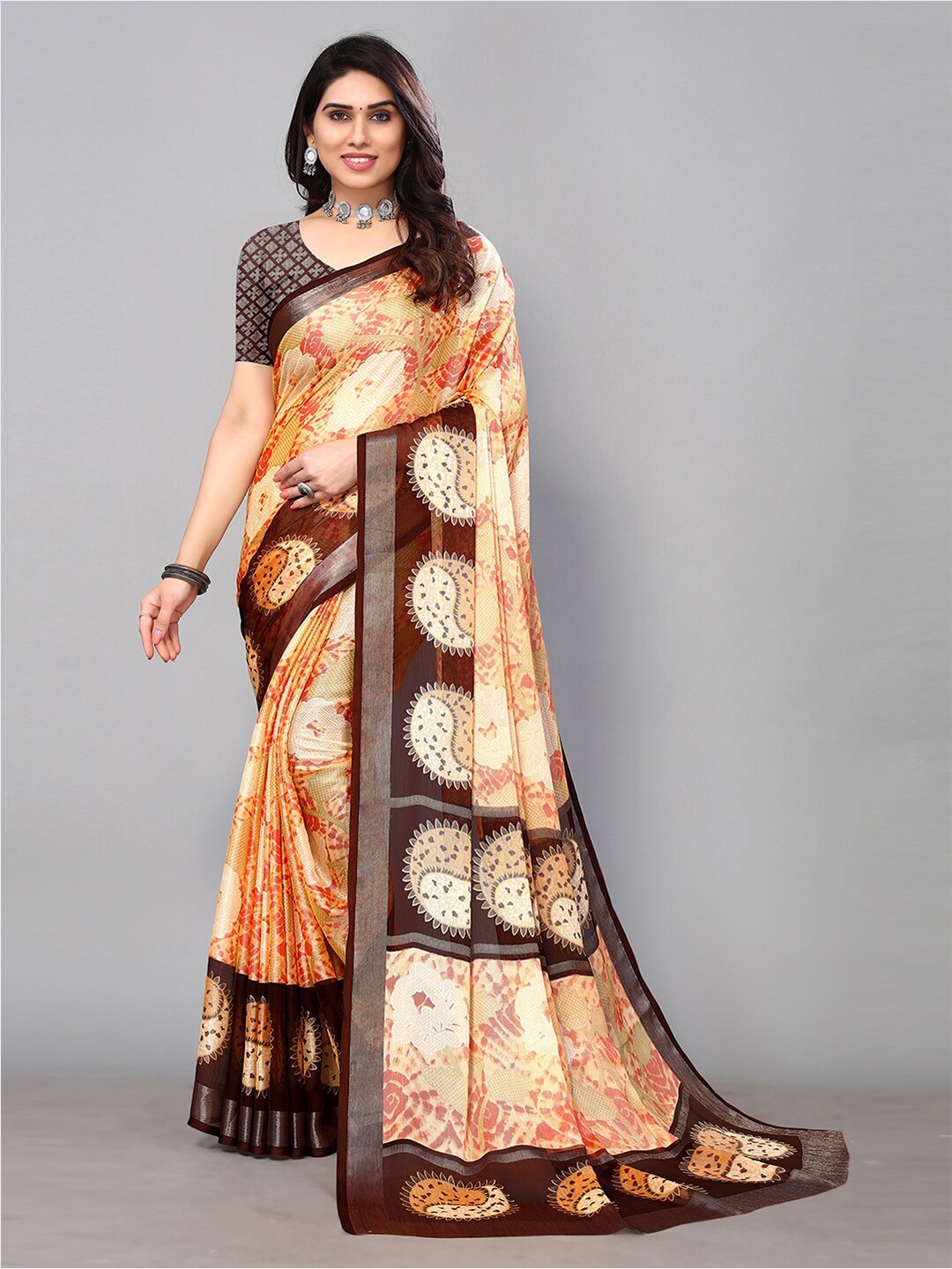 

KALINI Floral Printed Zari Saree, Orange